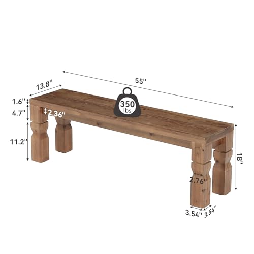 LITTLE TREE Solid Wood Bench, 55-Inch Long Farmhouse Wooden Bench Seat for Entryway, End of Bed, Dining Room, Living Room, Easy Assembly, Rustic Brown - Thumbnail 3