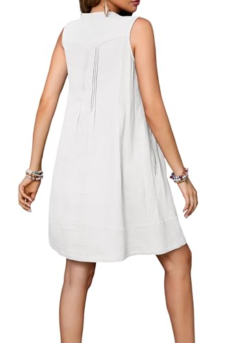 Image of R.Vivimos Sleeveless Cotton Casual Dresses for Women Summer 2026 Button Up Ruched Loose Tunic Mini Dress with Pockets