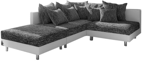 DeLife Canapé d'angle Clovis canapé d'angle Gauche canapé modulable Blanc Noir avec Tabouret et Pouf