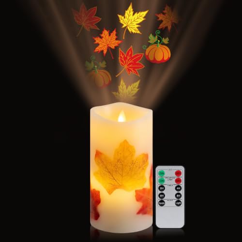 Image of Fall Flameless Candles Projector Lights with Pumpkin Maple Leaf Projection
