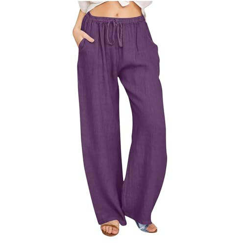 Linen Pants for Women Women Flowy Pants Causal Summer Wide Leg Palazzo Pants High Waist Long Lounge Slacks Beach Trousers with Pockets Purple