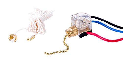 Gardner Bender GSW-39 Electrical Three-Speed Pull Chain Switch, DP3T, OFF-ON(A)-ON(B)-ON(A+B), 6 A/125V AC, 6 inch Wire Terminal,Brass