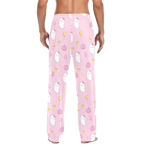 White Spirits with Pumpkins Men's Cotton Pajama Pants with Pockets and Drawstring Comfortable and Stylish,S3