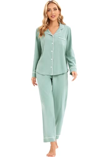 Image of LUBOT 100% Cotton Pajamas for Women Pajama Set Soft 2 Piece Sleepwear PJ Set Long Sleeve Knit Button Cozy Loungewear XS-XXL