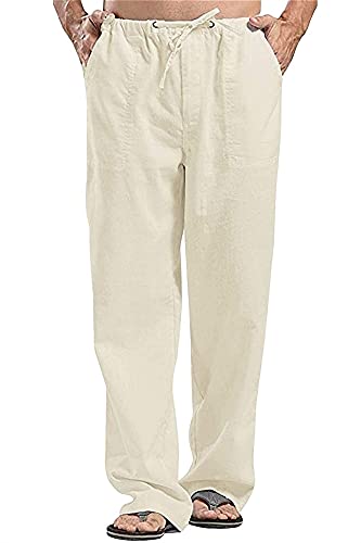 Pantalon en lin homme kaki LINGHUI ample et décontracté à taille élastique en taille XXL