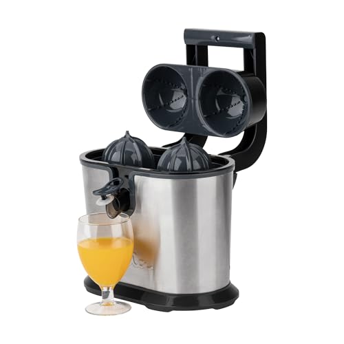 JATA JEEX1236 - Exprimidor de Naranjas Eléctrico Doble Cono 1100 W | Cuerpo de acero inoxidable | Sistema antigoteo | Piezas desmontables y lavables | Brazo articulado automático | Base antideslizante