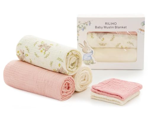 5 Pack Muslin Swaddle Blankets & Baby Burp Cloths, Soft & Breathable Cotton Baby Blankets, Receiving Blankets for Newborn Girl, Nursery Infant Essentials, Swaddling Wrap for Unisex (Pink & White)