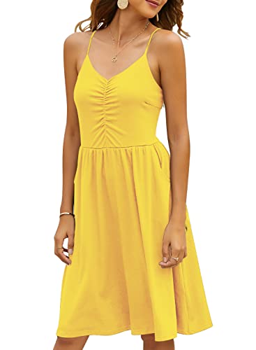 Image of YATHON Casual Dresses for Women Sleeveless Cotton Summer Beach Dress A Line Spaghetti Strap Sundresses with Pockets