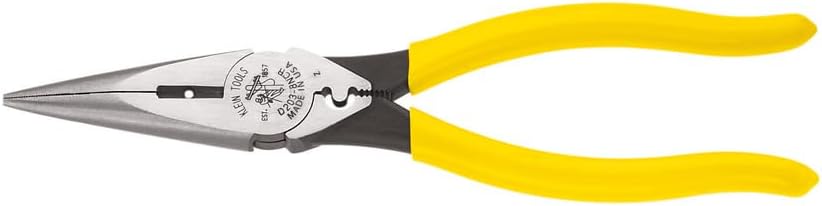 Klein Tools D203-8NCR Long Nose Side-Cutter Strip/Crimp Pliers, Induction Hardened and Heavier For Increased Cutting Power, 8-Inch