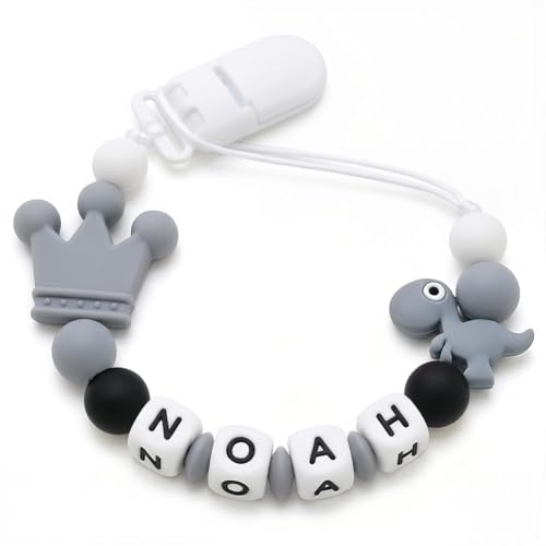 Image of Personalized Pacifier Clip with Name, Custom Silicone Binky Holder for Boys Girls, Dinosaur & Crown Pacifier Chain