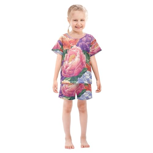 Pajama Sets Short Sleeve Floral Pattern with Colors Soft Cotton Summer Sleepwear 2 Piece PJS Size 5-14T4