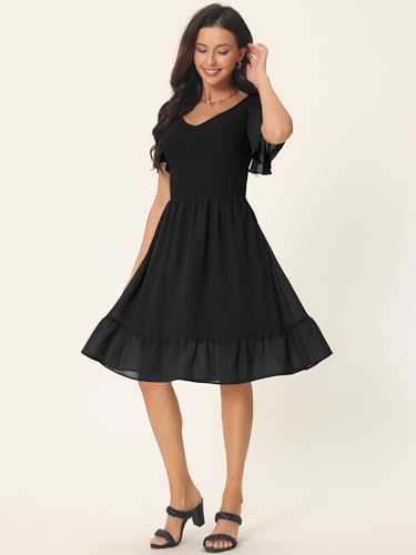 Image of Seta T Women's Summer Chiffon Dresses Smocked V Neck Flutter Short Sleeve Flowy Casual Dress with Pockets