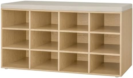 DINZI LVJ Shoe Storage Bench with Cushion, 12-Cubby Shoe Rack, Adjustable Shelves, 40.9" Long Shoe Organizer Bench for Entryway, Mudroom, Hallway, Garage, Natural and Cappuccino Beige