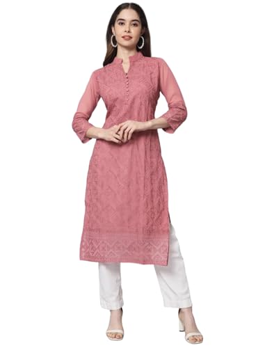 Image of Ekasya Women's Georgette Embroidered Work Kurta with Notch Neck 3 /4 Sleeves Straight Cut Calf Length | E1547