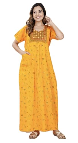 Image of DIAMO Pure Cotton Embroidery Nighty for Women, Cotton Night Gown, Night Maxi Gown, Cotton Nighty with a Pocket and Adjustable Knot