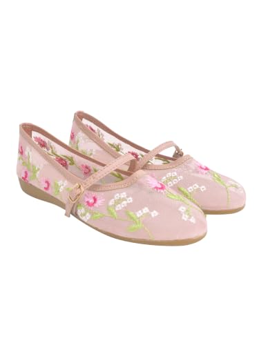 Image of Shoetopia Women'sFloral Embroidered Mary Jane Flats - Elegant Mesh Ballerinas with Adjustable Buckle Strap