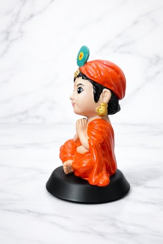 Image of Krishan Ji Sitting Open Eyes Dashboard Idol, Orange | Premium Resin, Hindu God Murti, Double-Sided Tape Base, Car & Home Temple Decor