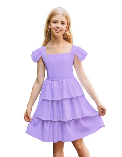 21KIDS Girls Summer Flutter Sleeve Smocked Dress Elegant Tiered Casual Dresses for Girls 12 Years