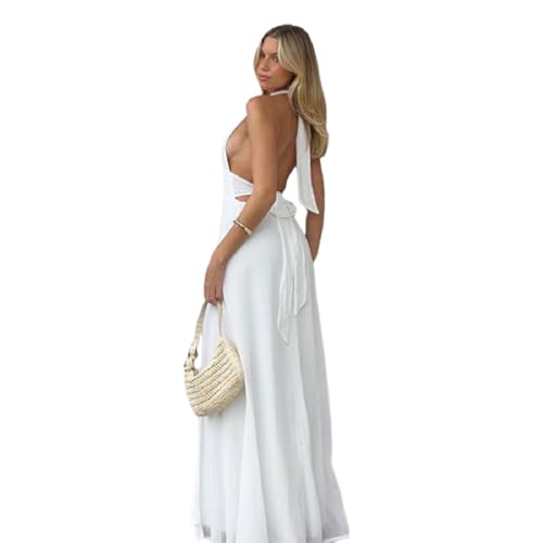 Image of ANKOMINA Women's Sexy V Neck Halter Backless Maxi Dress Ruched High Split Long Bodycon Dresses for Party Cocktail Evening