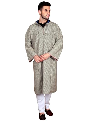 Image of Exotic India Men's Woolen Blend Kashmiri Phiran with Hood | Pure Wool Long Overcoat-Oversized Phiran for Men