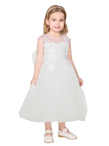 Lace Applique Flower Girl Dress for Wedding Sleeveless Tulle Bow Knot V-Back Long Satin Crew Neck Puffy Ball Gowns