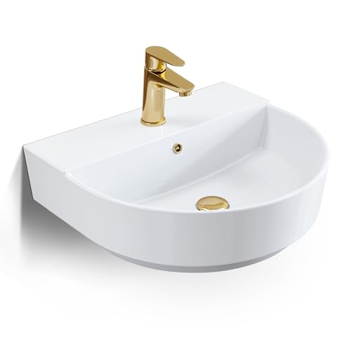 HOROW Waschbecken Oval Keramik Weiß, Waschtisch Klein Toilette WC Handwaschbecken, Aufsatzwaschbecken Rund Gäste WC, 50 cm breit, Wandhängend mit Überlauf und Hahnloch, Weiß