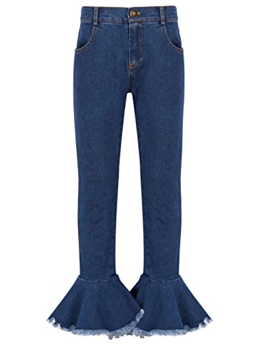 Kids Girls Casual High Waist Bell-Bottom Long Trousers Denim Jeans Flare Pants Wide Leg Ruffled Pants