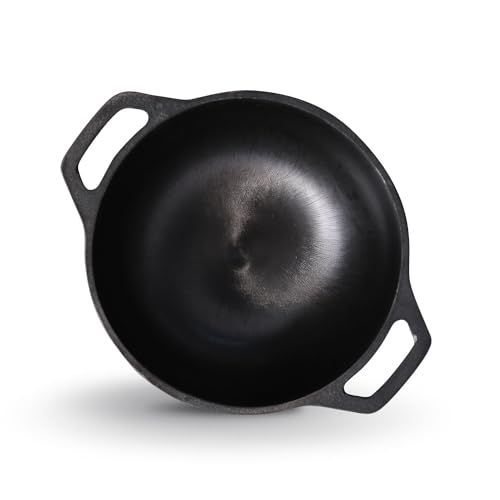 Image of Kichera Pre Seasoned Cast Iron Kadai with 2 Loop Handles (8 Inch) | Non Stick Super Smooth Cast Iron Kadhai 1.9kg | 1.5L Capacity | 21cm Diameter Wok for Deep Frying | Pure & Toxin-Free