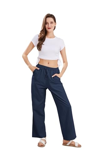 Image of CHARTOU Women's Summer Drawstring Waist Wide Leg Loose Cotton Linen Palazzo Pants