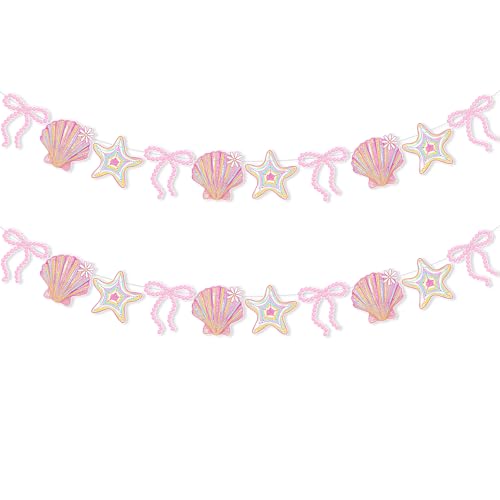 Image of Oudain 2 Pack Pink Bow Seashell Garland for Girl 6.56 ft Pink Mermaid Seashell Party Coquette Ocean Coastal Beach Under The Sea Paper Bow Hanging Banner for Baby Shower Wedding Summer Birthday