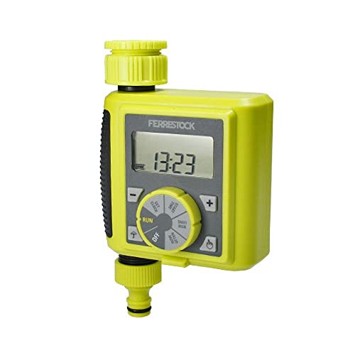 Ferrestock FSKPRO003 programador de riego digital, regula frecuencia y duración del riego, riego manual, programas cortos, botón DELAY, rosca superior de 3/4' y salida con racor rápido