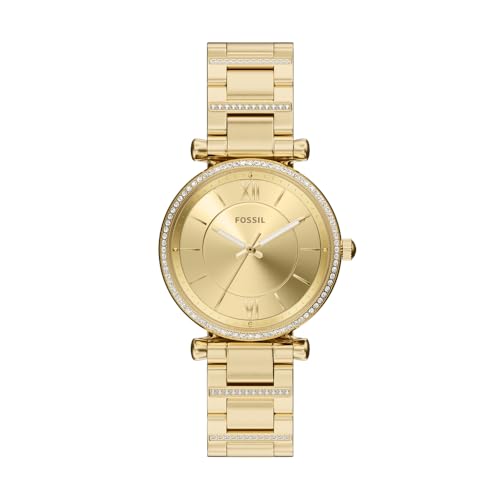 Fossil Carlie Watch für Damen, Goldfarbenes Quarz-Dreizeigerwerk mit Edelstahlarmband