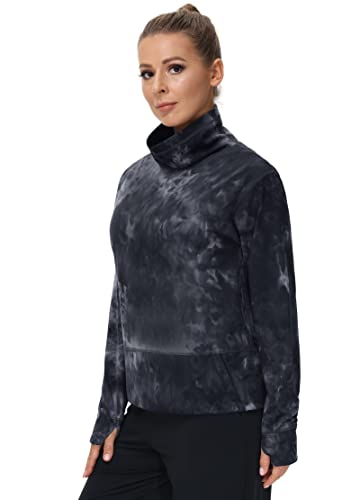 The Gym People Women's Long Sleeve Cowl Neck Loose Fit Workout Hiking Pullover Sweatshirt With Pockets (Medium, Tie Dye Black Grey) #TOP2