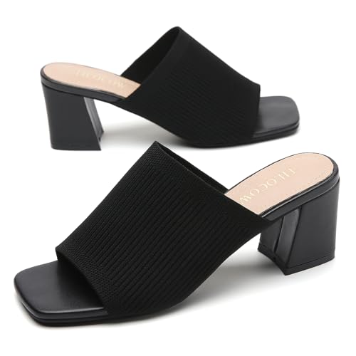 Tilocow Knit Heeled Sandals for Women, Square Open Toe Heels Sandals, Chunky Block Low Heel Slip On Mules4