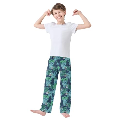 Cool Dinosaur Palm Leaf Boys Long Pants Soft Trousers Elastic Waist Kids Lounge Bottoms with Pockets S-XL2
