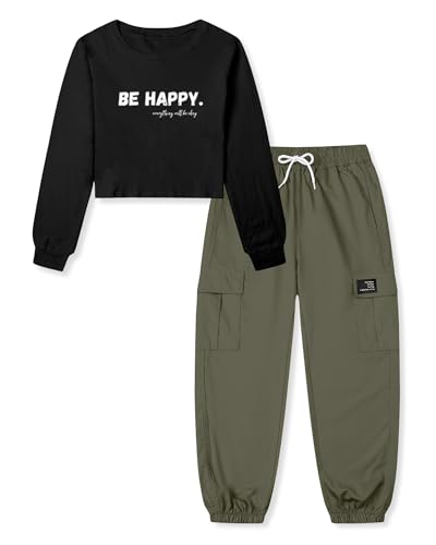Image of Betusline Girls Fall Winter Clothing Sets, Long Sleeve Crop Top & Cargo Jogger Pants 2 Piece Outfit Sets,4T-14Y