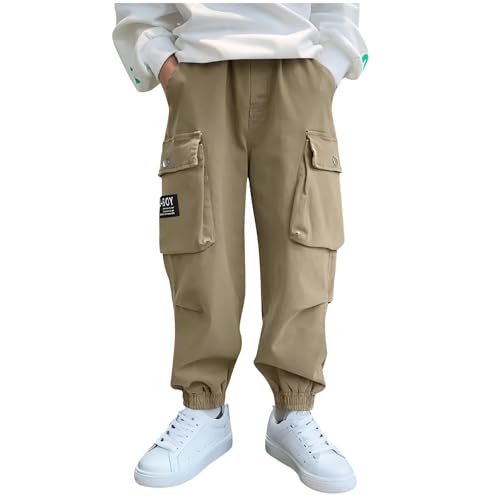 Boys Cargo Pants Casual Elastic Waist Pull On Trouser with Multi Pockets Comfy Lounge School Pants for Boys 3-15Years