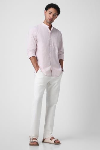 Image of Peter England Men's Casual Mandarin Collar Slim fit Full Sleeve Shirt in 100% Cotton Seersucker with Striped Design