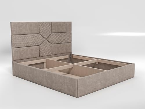 Image of Acacia Modern Upholstered Queen Size Bed with Box Storage for Bedroom | Wooden Double Bed with Storage | Platform Cot Bed with Upholstery Premium Fabric | 6.5 x 5 Ft | Sheesham Wood (Mocha Brown)