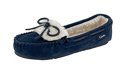 Clarks Womens Folded Tongue Leather Moccasin Slipper ICH30746C - Plush Faux Fur Lining - Indoor Outdoor House Slippers For Women (9 M US, Navy)