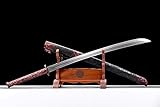 LOONGSWORD Traditional Chinese Qing Dao Sword - Spring Steel Blade, Red Alloy Fittings, Wood Wrapped Faux Leather Scabbard