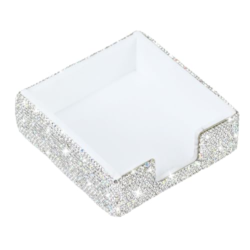 MultiBey Rhinestone Sticky Note Holder, 4 x 4 Inches Post it Note Dispenser Cute Self Sticky Note Pad Holder, Bling Sticky Memo Holder for Desk Office Home Supplies (Silver)