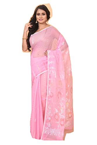 Sari indien en coton rose avec broderies zari pour mariages et fêtes traditionnelles