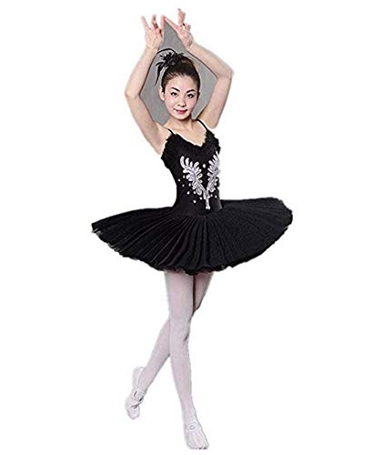 WENDYWU Women Swan Ballet Tutu Hard Organdy Platter Performance Leotard Dress (Black, M)