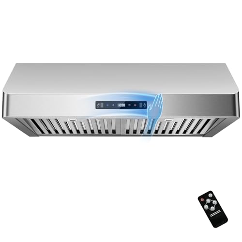 Image of Under Cabinet Range Hood 30 inch, Kitchen Hood 900 CFM Stainless Steel with Gesture & Remote Control, 3-Speed Fan, Time Setting, Dishwasher Safe Baffle Filters, Range Hoods Ductless Convertible Duct