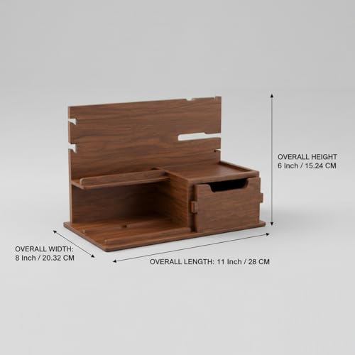 Image of Wooden Desk Organizer with Drawer & Phone Stand | Multipurpose Office Table Storage Holder | Compact Tabletop Organizer (11 x 8 x 6 Inch, Walnut Finish)