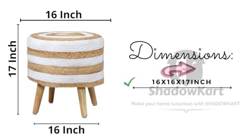 ShadowKart Sitting Solutions for Home - Wooden Frame Round Ottomans | Ottoman for Living Room Sitting | Bedroom, Study & Makeup Table, 16x16x18 Inch (Jute&White-Moti-Line-1)