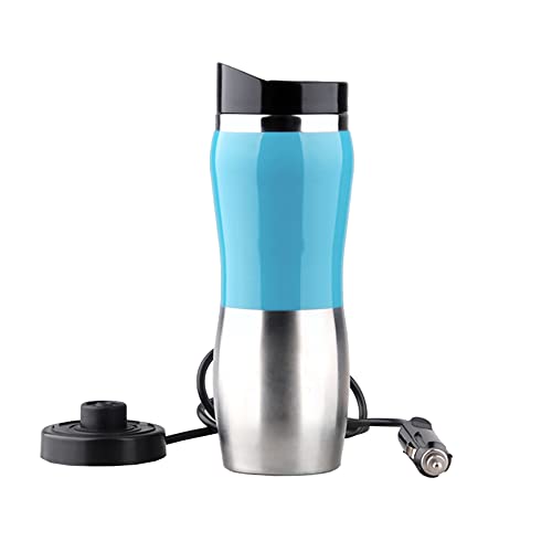 12V 400ML Elektroauto-Tasse, TOTMOX 50W Tragbare Reise-Thermoskanne Edelstahl-Beheizter Wasserbecher Auto-Wasserkocher mit Zigarettenanzünder-Ladegerät für Heißwasser-Kaffee-Tee-Verwendung, Blau