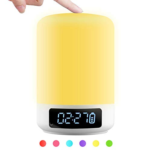 Lámpara táctil para la mesita de noche con bluetooth y altavoz y micrófono incorporados, reloj digital con alarma e iluminación mediante LED que(Micro SD compatible)