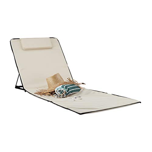 Relaxdays Strandmatte XXL, B x T: 60 x 195 cm, gepolsterte Sonnenliege mit Kopfkissen, verstellbar, Tragetasche, beige